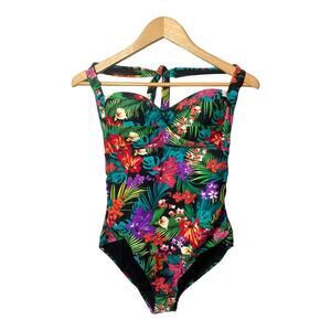 Catalina Floral Tropical One Piece Swimsuit Black Colorful XL Halter Tie Top